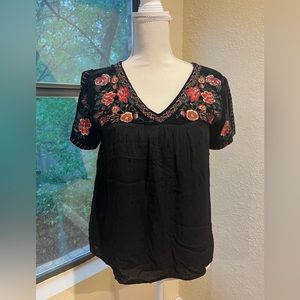Thml black blouse xsmall embroidered velvet sleeves